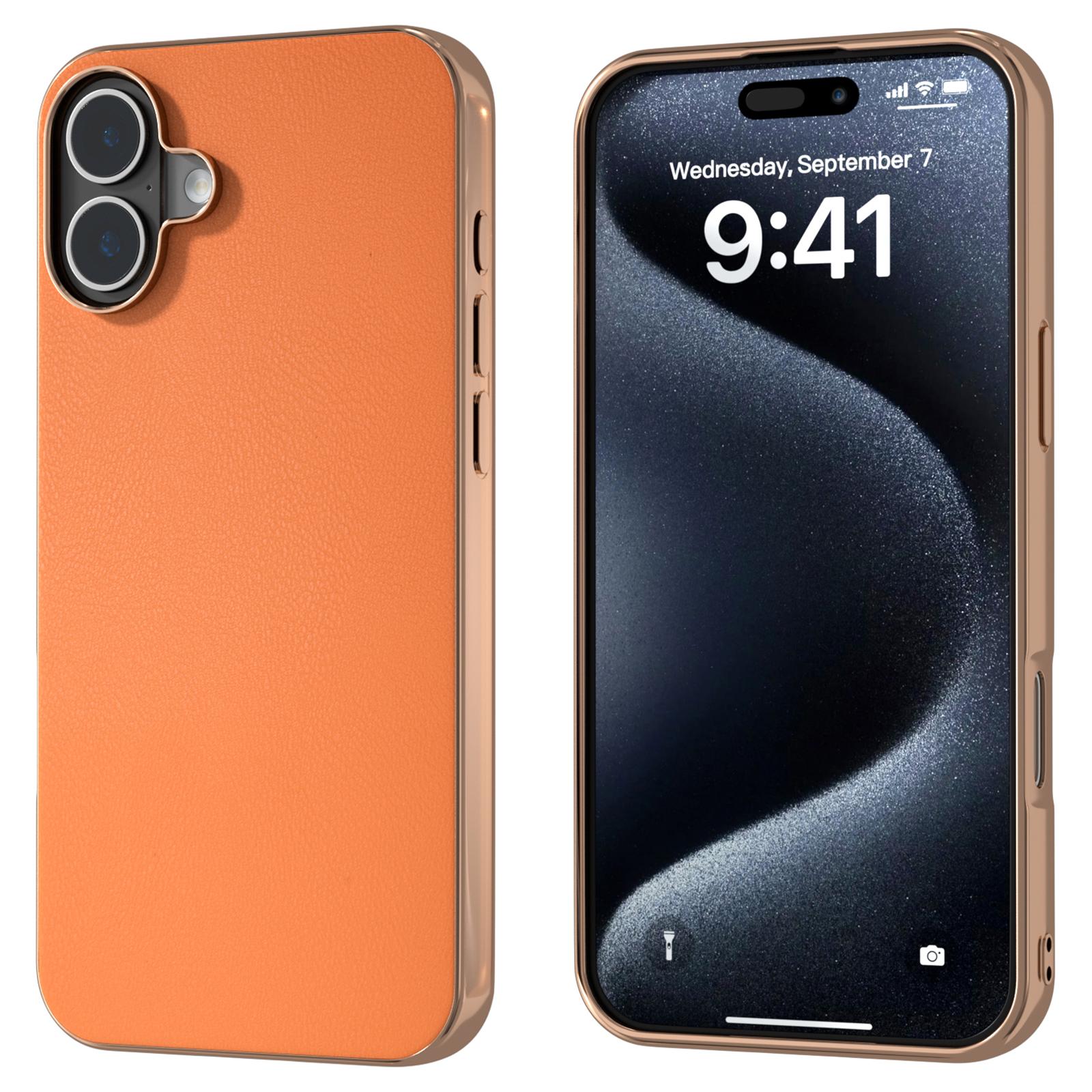 

For iPhone 16 Case Electroplating Edge PU Leather Coated TPU+PC Phone Cover Orange