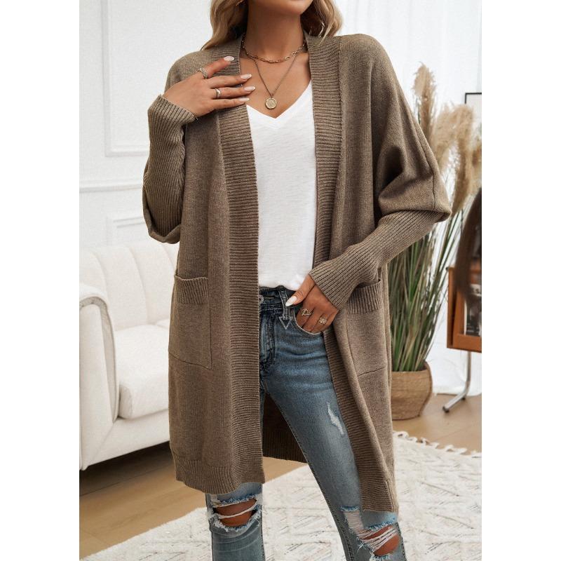 Women Bat Sleeve Cardigan Solid Color Knit Sweater Cardigan Coat