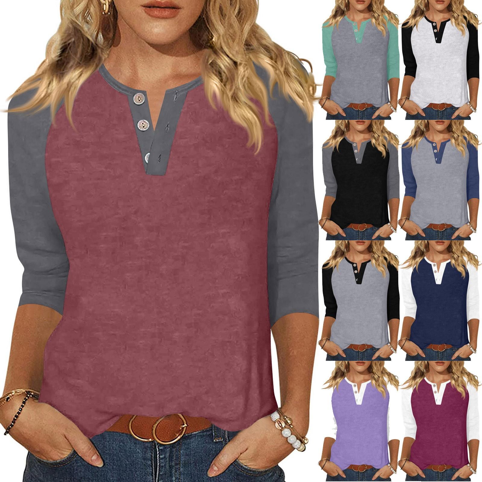 

Жіноча футболка з принтом на ґудзиках з рукавами 3/4, щоденна мода на вихідні, звичайний топ із V-подібним вирізом M винний