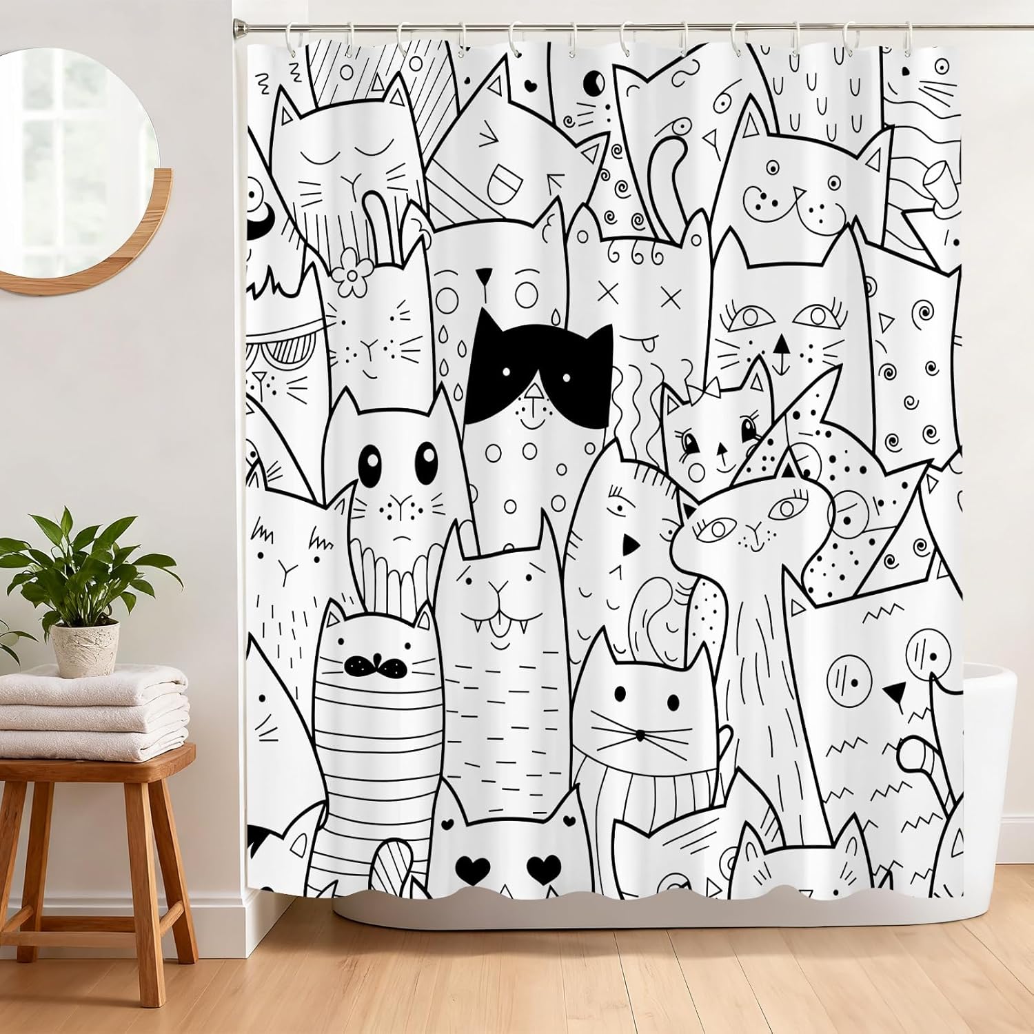 

Funny Cat Shower Curtain – Black & White Abstract Line Art, Playful Modern Bathroom Decor 71X71 Inch With12 Pc Hooks W60H190(CM)-1 Pcs