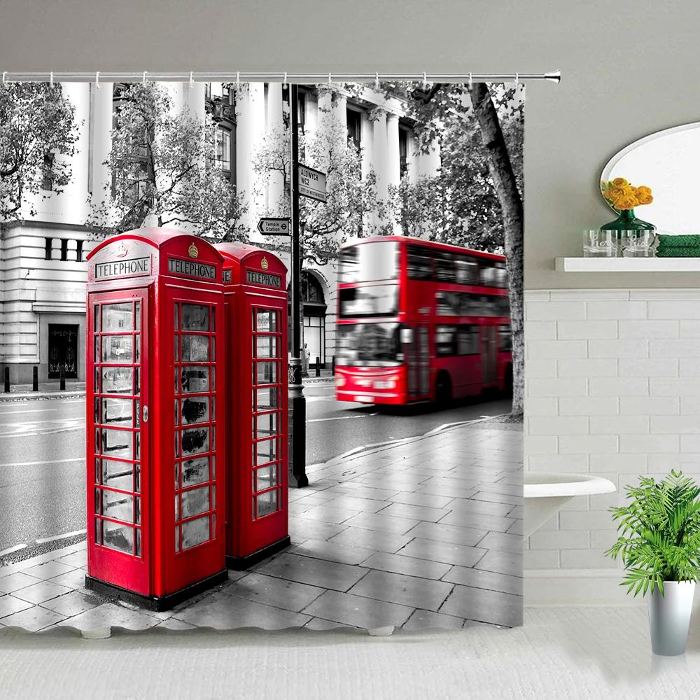 Paris Street Scenery Black And White Design Red Tram Bathroom Shower Curtain Waterproof Bathtub Home Decor Background Curtains