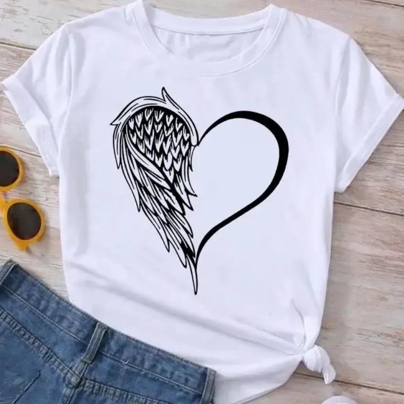 2024 Women's Round Neck Short Sleeve T-Shirt Love Pattern Top Women's Casual T-Shirt Y2K Fashion Breathable Short Sleeve