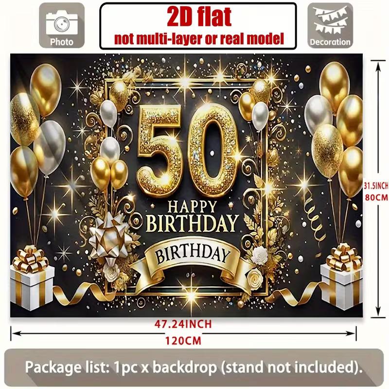 2D Black Gold Happy 50th Birthday Backdrop Glitter Balloon Party Decoration Banner