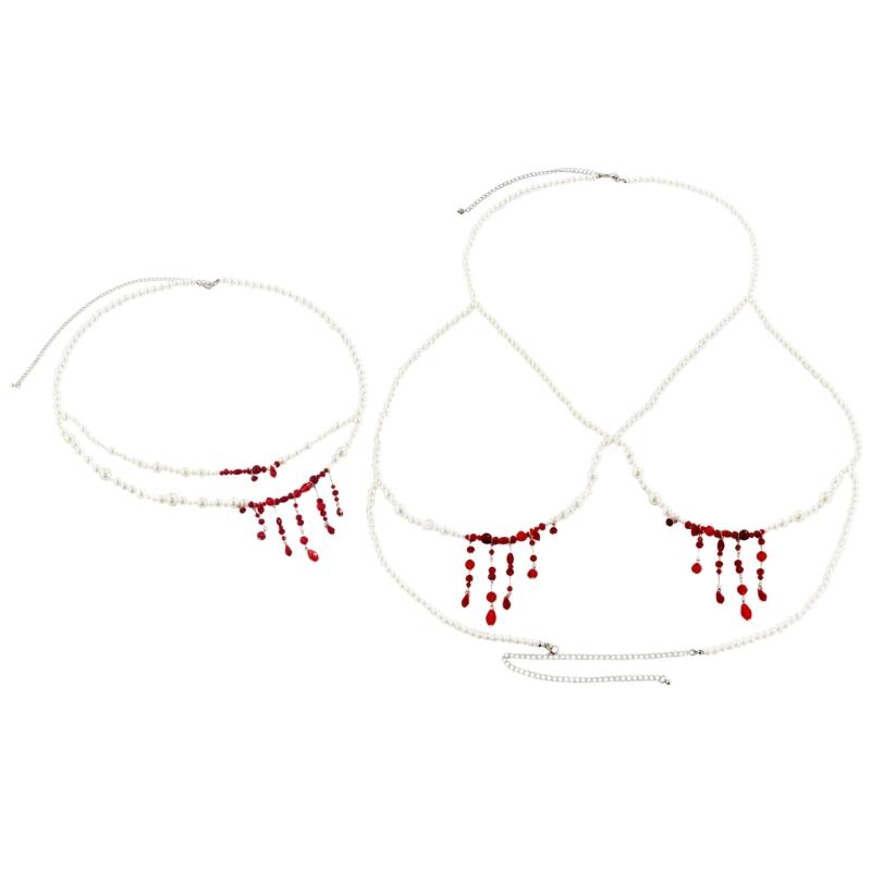 Gothic Blood-Stained Imitation Pearls Foot Ornament Novel Halloween Blood Drop Tassels Body Waist Chain for Women Girls
