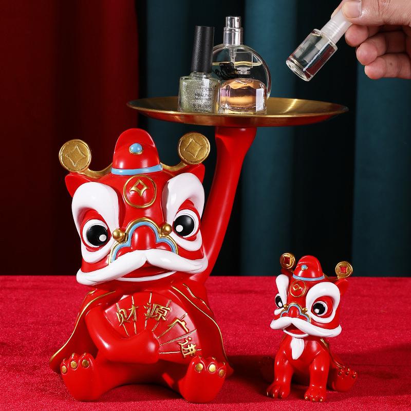Chinese Lion Dance Ornament Entryway Desktop Key Tray Jewelry Cosmetic Storage Saucer Decoration Candy Plate