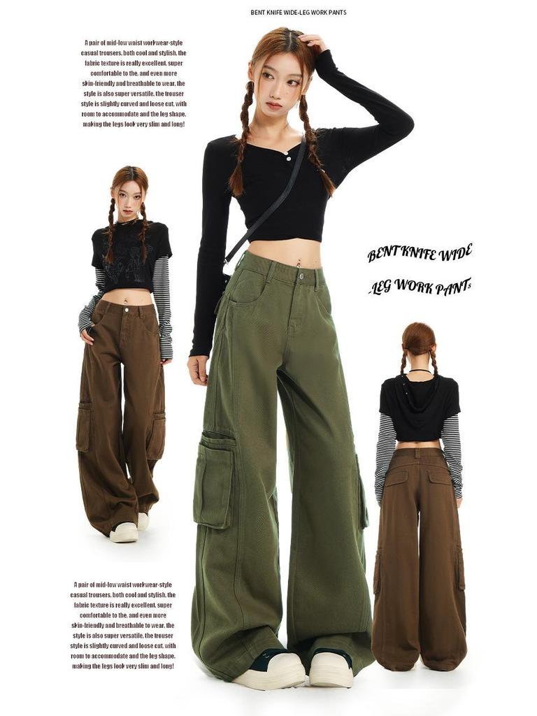 Women's Army Green Loose Cargo Jeans - Spring Style, Slim Fit, Wide Leg, Large Pockets