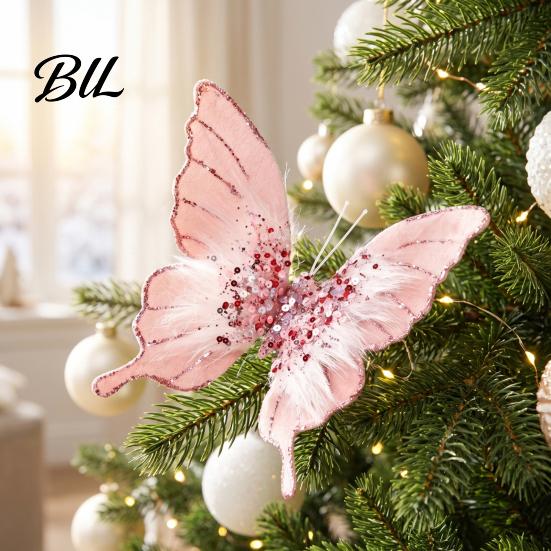 Elegant Christmas Garland Decorations Velvet Butterfly Ornaments, Artificial Glitter Sequins Xmas Tree Three Dimensional Ornaments Decoration