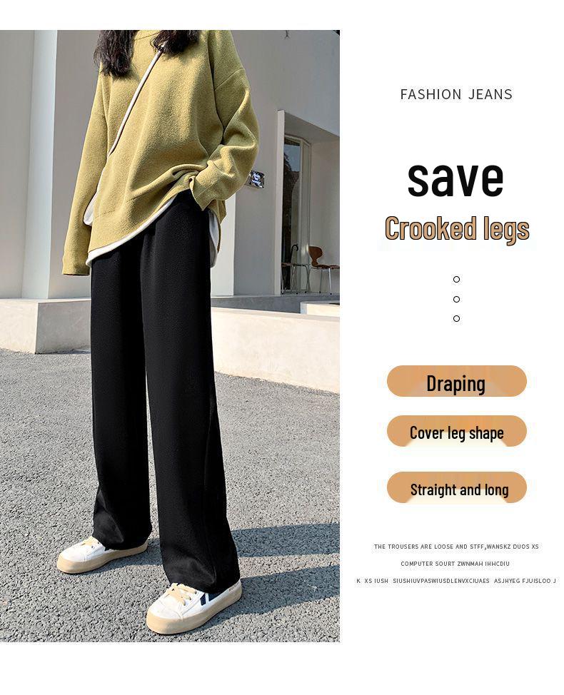 Women's Black High-Waisted Wide-Leg Pants - Spring Casual, Loose-Slimming, Floor-Length, Versatile, Drapey Straight Suit Pants