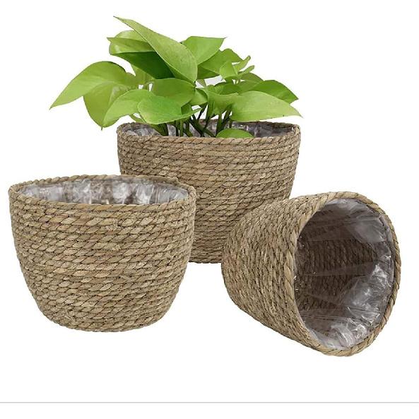 Seagrass Planters, Cover Storage Basket Containers Hand Woven Straw Pot with Plastic Liners for Indoor Outdoor Plant, Flower