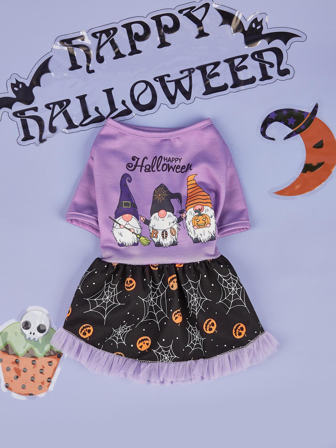 

Halloween Pet Dress with Gnome Print, Pumpkin Patterns & Tulle Skirt, Orange and Purple Options for Small Dogs Halloween Parties XS（old） фиолетовый