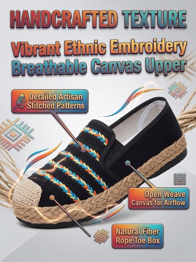 Women's Spring New Slip-On Flats Ethnic Style Casual Shoes Lightweight Soft Sole Comfortable Walking Shoes Fashion Everyday Wear