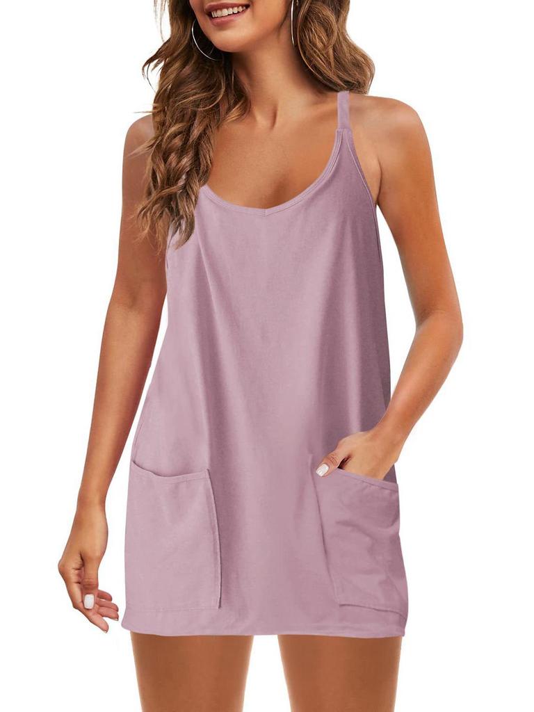 2025 Summer Sleeveless Solid Color Dress with Thin Straps & Pocket