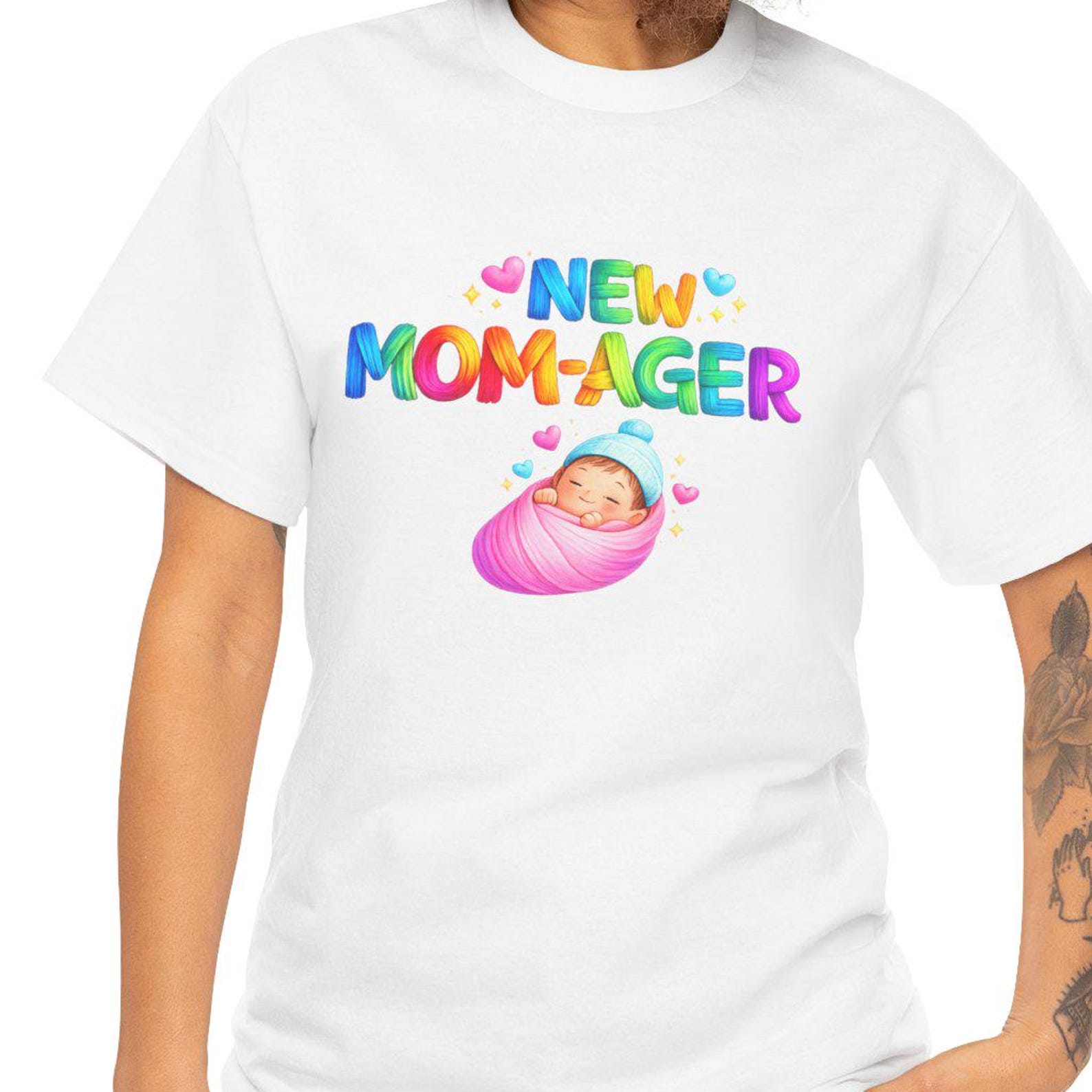 New Mom-Ager Graphic Tee | Rainbow Baby Announcement Shirt L