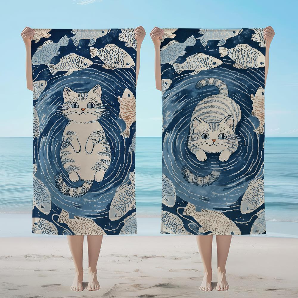 Fish Towel Textile Bathrobe Beach Pattern Quick-Drying Funny Cat Lightweight Portable Retro Camping Swim Pool Travel