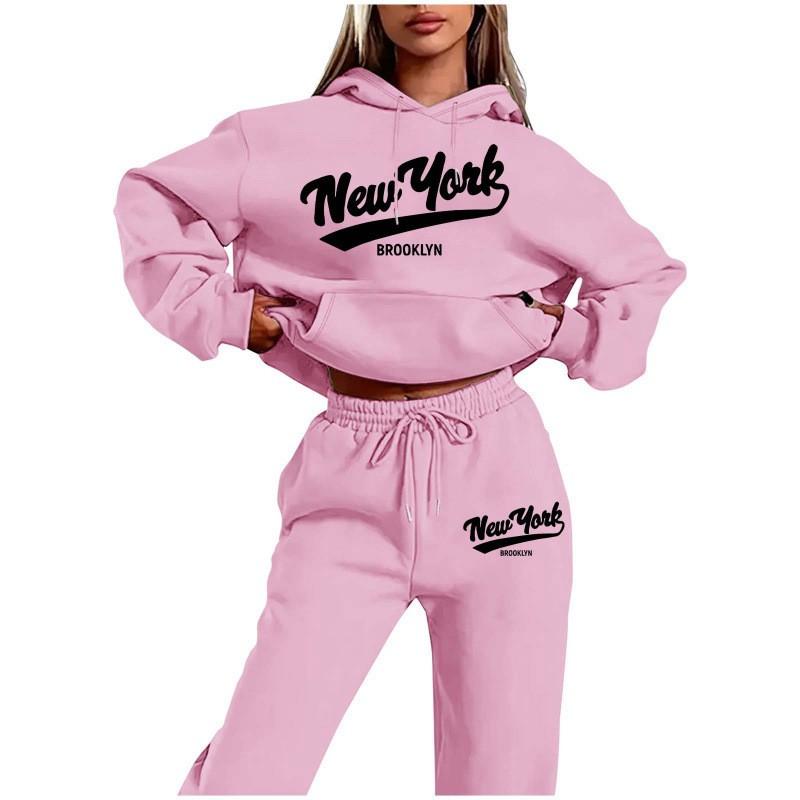Womens 2026 New York Print Hooded Sweatshirt Set With Fleece-Lined Pants Fall Winter Outfit Streetwear Casual Tracksuit