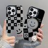 Black And White Plaid Print Smiling Face Laser Phone Case For IPhone 15 14 16 17 E 13 12 11 Pro Max Air 14 Plus Hard Cases Coque