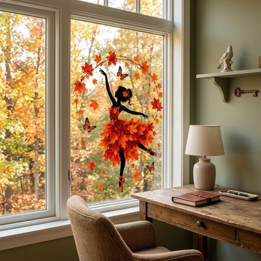 PVC Static Autumn Ballerina Window Cling Aesthetic Maple Leaf Butterfly Glass Decal Home Decor