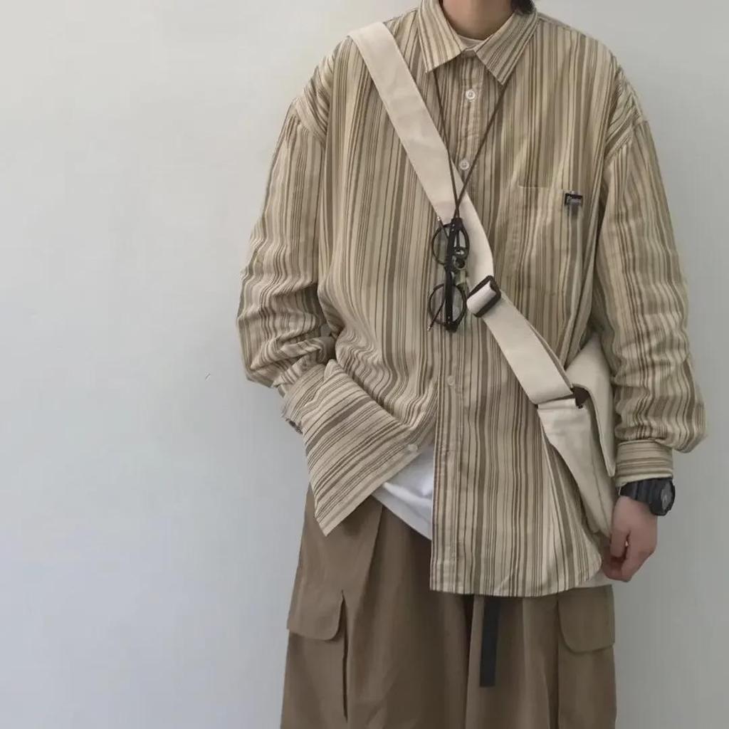 Herr Japansk Retro Randig Långärmad Skjorta - Vår/Höst, Lös Passform, Unisex Trendig Stil.