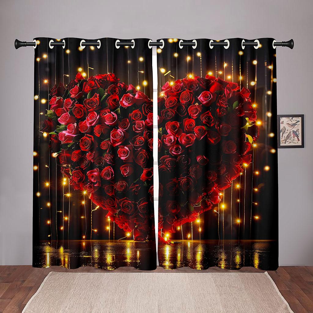 2-delt rose kjærlighet hjerte gardin valentinsdag tema rød romantisk blomster gull stjernelys stue soverom vindusdekor