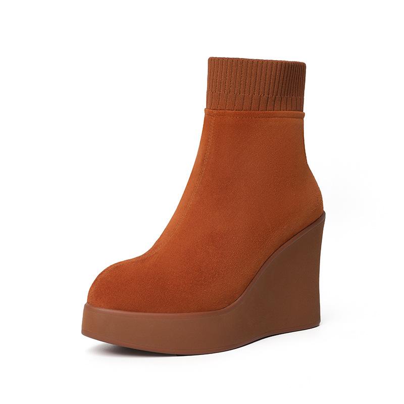 

Кожаные короткие ботильоны на толстой танкетке, осенне-зимние, утепленные, тонкие вязаные, повседневные, универсальные ботинки Мартина, хлопковые ботинки 39