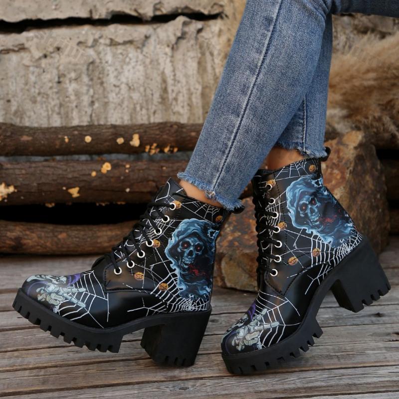 Fashion Fashion Printed Platform Ankle Boots for Women Autumn Winter Black High Heels Short Boots Woman Lace-up Thick Heeled Botas Mujer