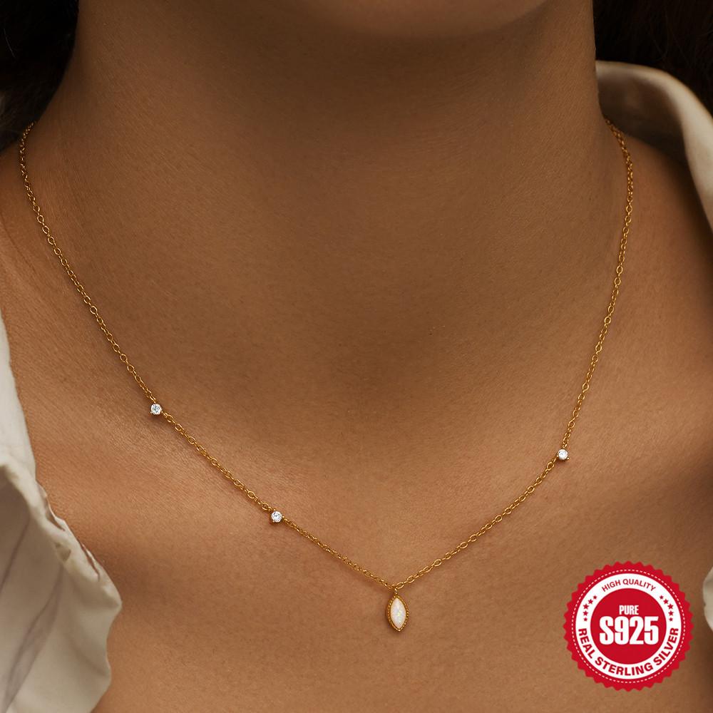 Simple Versatile S925 Sterling Silver Cluster Diamond-Set Opel O Gemstone Pendant, Hipster Ladies Clavicle Necklace