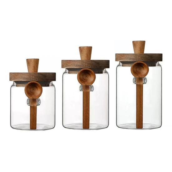 Glass Airtight Canister Sealed Jar with Wooden Spoon Transparent Food Storage Jar for Spice Coffee Beans Kitchen Pantry Supplies