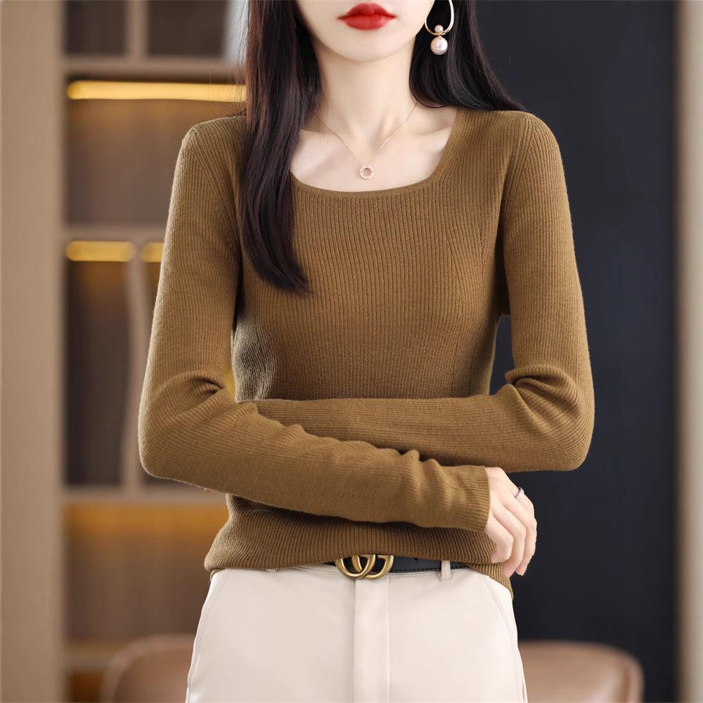 2025 Slim Fit Women's Square Neck 100% Wool Sweater - Thin U-neck Base Layer Top