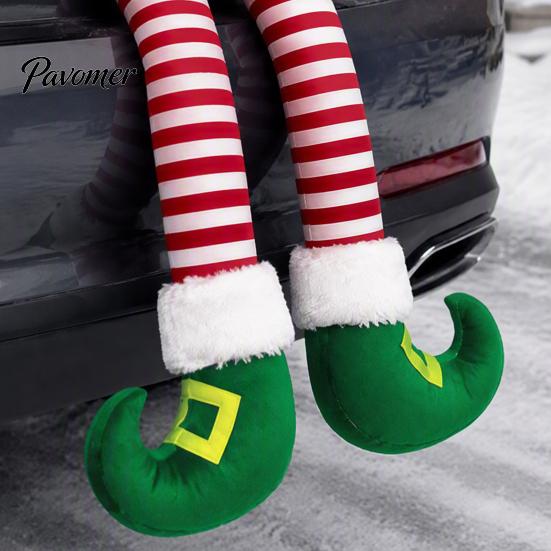 Fun Holiday Party Atmosphere Supplies Christmas Elf Leg Hanging Ornaments, Red Green Striped Fabric Decorations Wall Decor for Tree Fireplace And Car