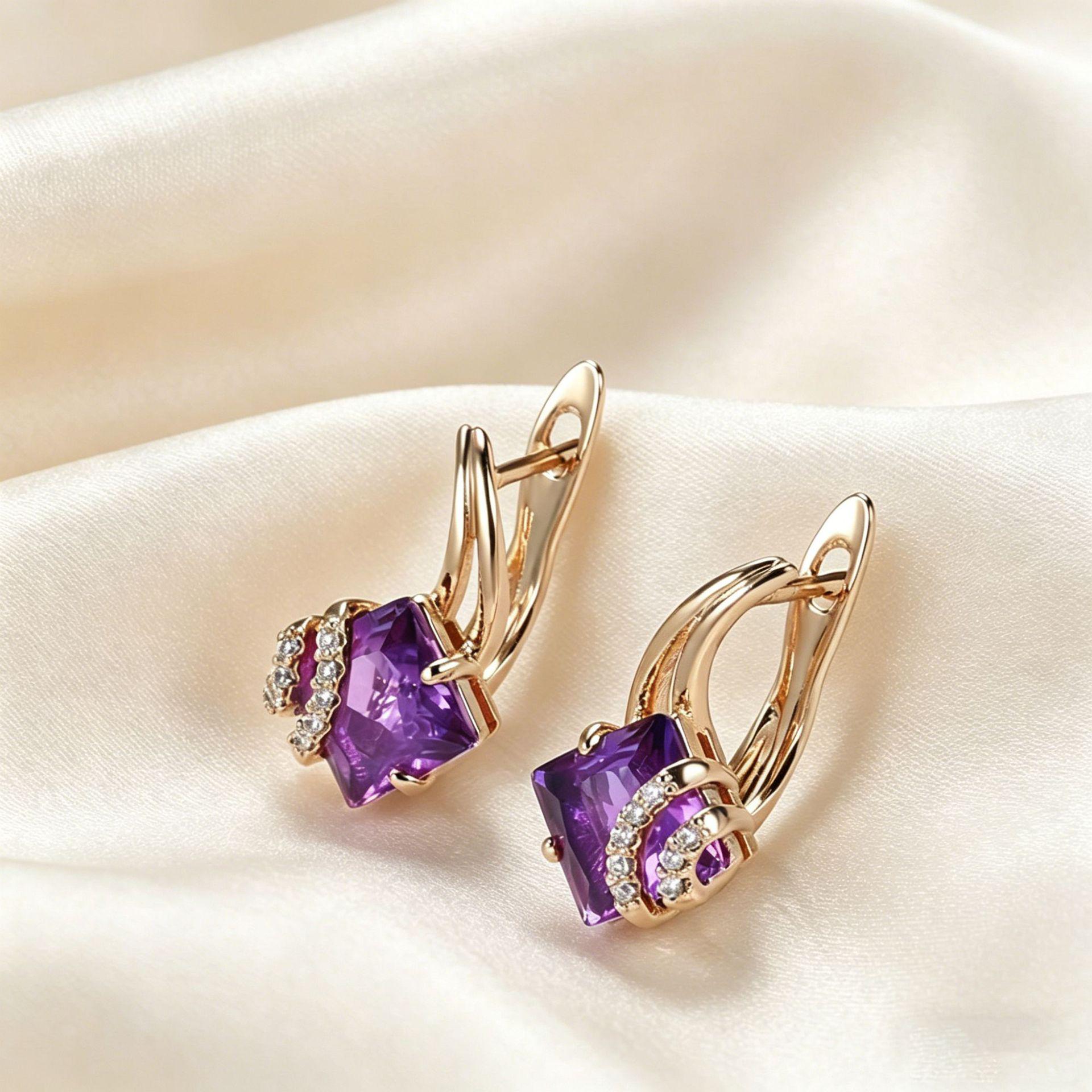 Yanbai Elegant Purple Zirconia Square Earrings for Women - Chic & Colorful Design