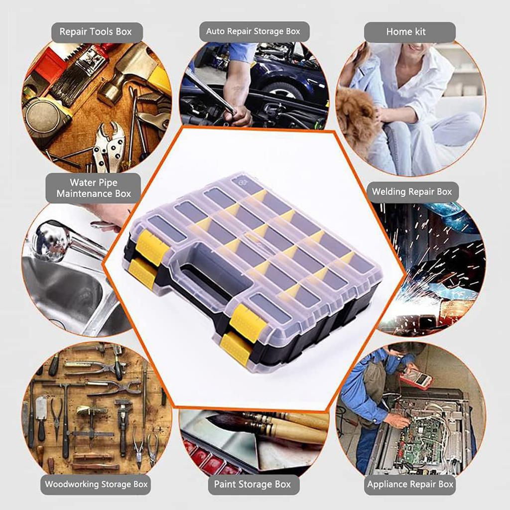 Werkzeugkasten mit transparentem Deckel Doppelseitig 34 Fächer Organizerbox mit herausnehmbaren Trennwänden für Eisenwaren Schrauben