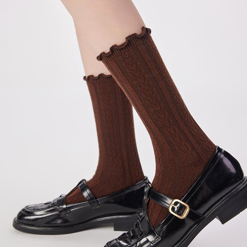 Autumn And Winter Wool Socks Women'S Japanese Retro Relief Curled Edge Medium Tube Stacking Socks Lace Cashmere Women'S Socks