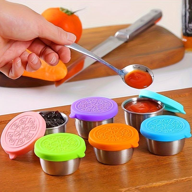 1pc Random Color Leakproof Stainless Steel Sauce Cups with Reusable Silicone Lids - Perfect for Salad Dressing, Bento Lunch Boxes, and Travel