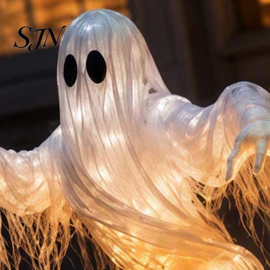 Decorative Lighted Autumn Sculptures Halloween Swirling Ghost Pumpkin Yard Lamp, Spooky Outdoor Holiday Lawn Accents Statue, Warm LED Decoration