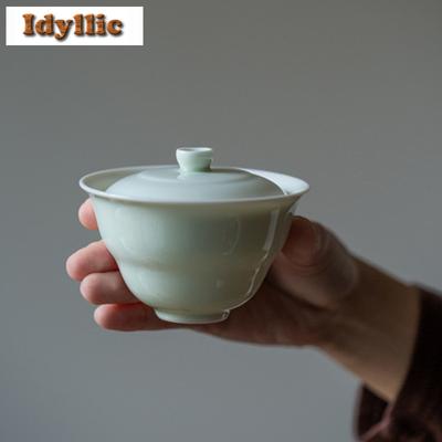 Antike Minzgrüne Kürbis Gaiwan Handgefertigte Teeterrine Teeschale mit Deckel Set Teezubereiter Deckelschale Teegeschirr Zubehör Ornamente