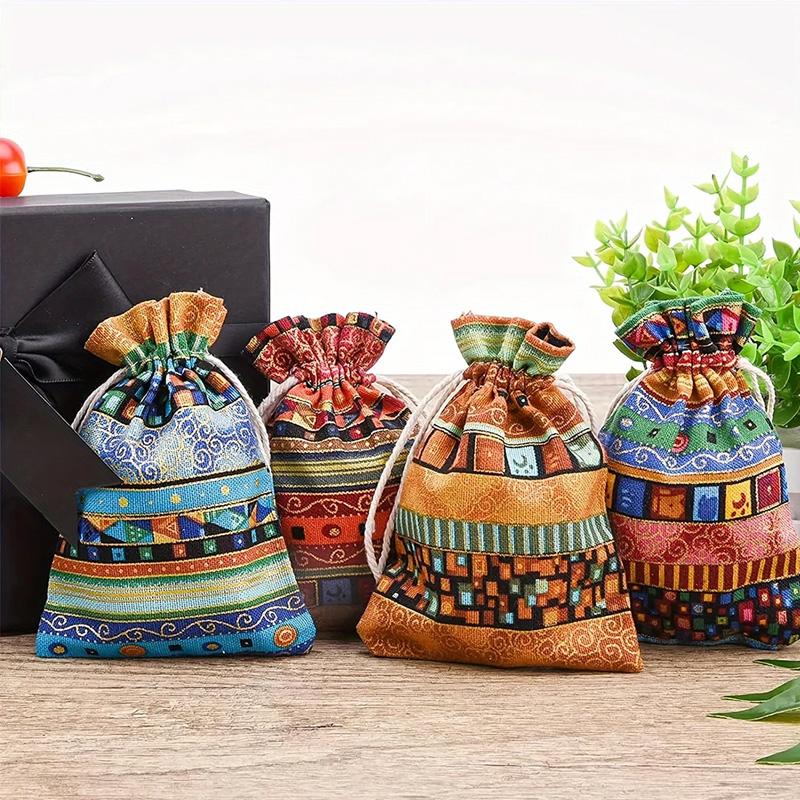 1/10PCS Ethnic Style for Weddings Christmas Stripe Buddhist Beads Sorting Bag Drawstring Pocket Bag Bohemian Jewelry Bag Cotton