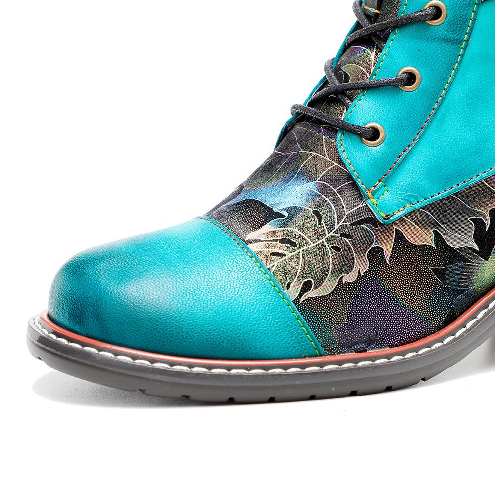 Johnature Handmade Printing Contrast Short Boots Retro Casual Comfort Genuine Leather Women Shoes