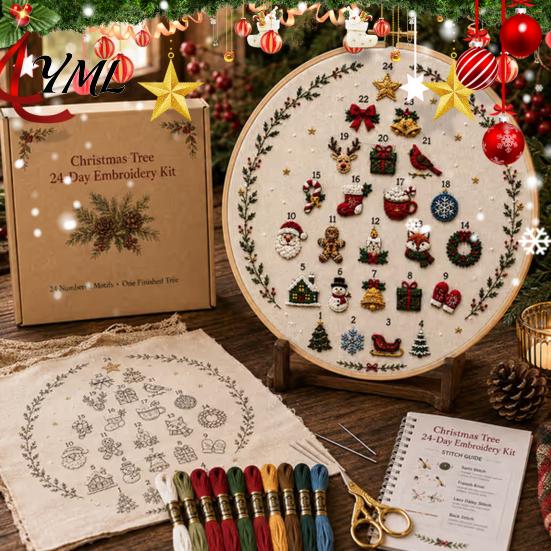 Beginner Friendly Embroidery Supplies 24 Days Christmas Tree Kit, DIY Sewing Kit for Beginners, Holiday Handmade Indoor Crafting Hobby Material