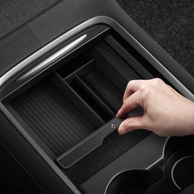 Spigen Center Console Organizer Tray for Tesla Model Interior Accessories Flocked Armrest Hidden Cubby Drawer Storage Box with Coin and Sunglasses