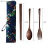 4pcs Set Solid Wood Cutlery Japanese Walnut Chopsticks Spoons Forks Cloth Bag Portable Cutlery Set for Office Workers Students