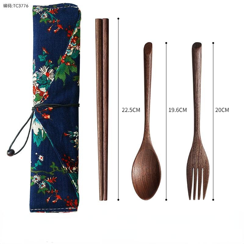 4pcs Set Solid Wood Cutlery Japanese Walnut Chopsticks Spoons Forks Cloth Bag Portable Cutlery Set for Office Workers Students