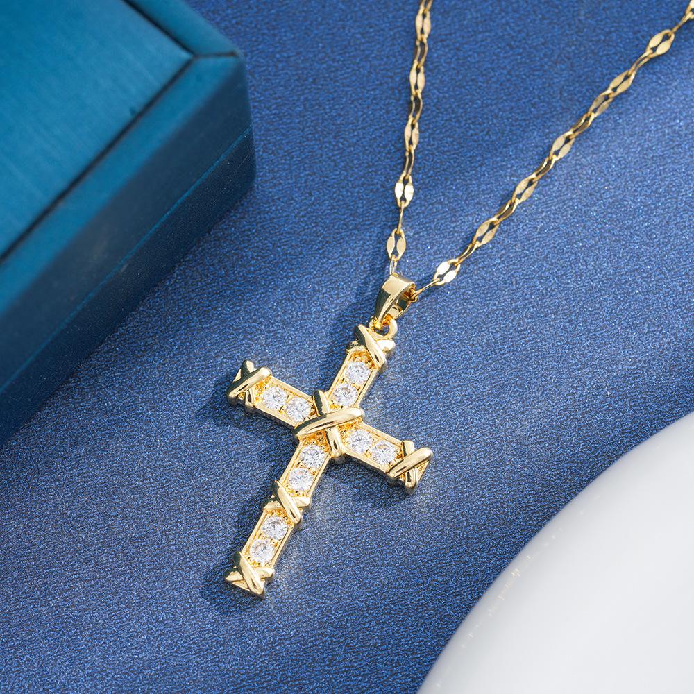 Gold Retro Zircon Cross Pendant Necklace - European & American Niche Design in Titanium Steel