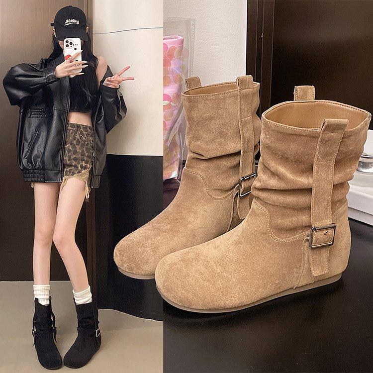 Korean Version of Round Head Handmade Pleated Stacking Boots Medium Tube Boots Women's New Sleeve Thin Thick Heel Western Cowboy Boots