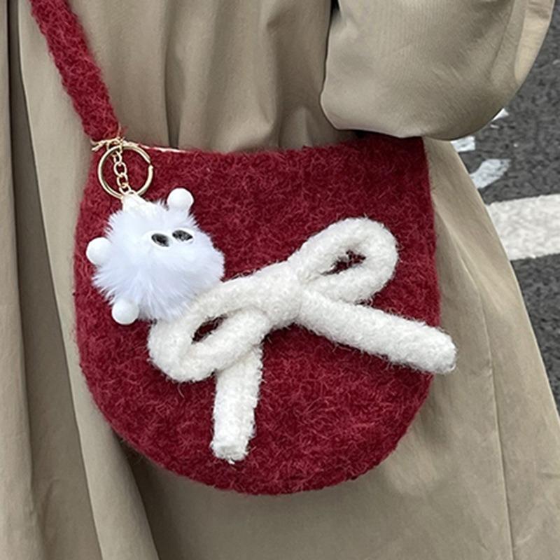 Macaron plush oval cute autumn new bag small crossbody shoulder backpack bow mobile phone bag