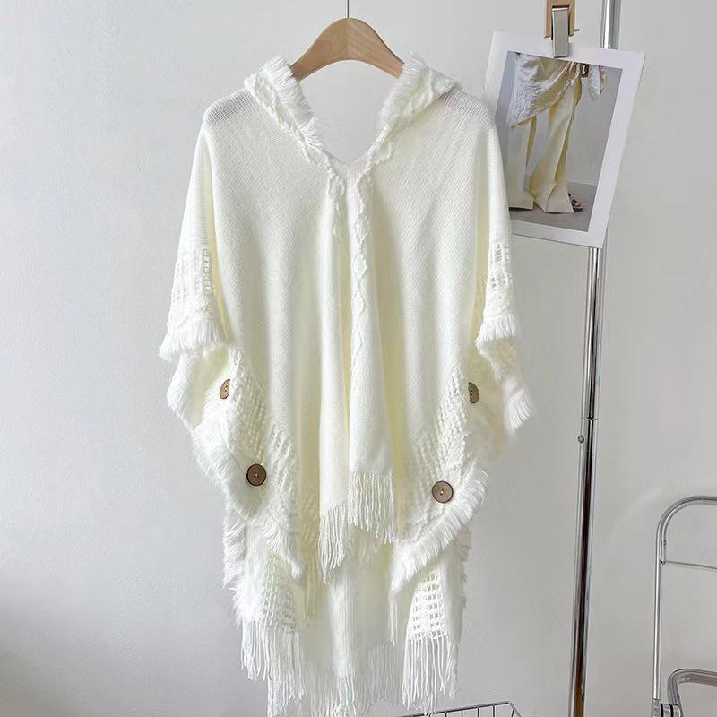 Cardigan da donna bohémien con cappuccio e nappe