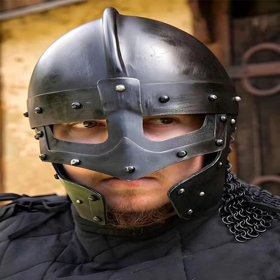 Medieval Viking Helmet With Visor, Blackened Steel Norman Helmet, LARP Reenactment Armor,