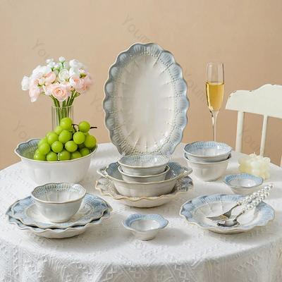 Piatto da Pranzo in Rilievo Stile Francese Piatto Creativo in Pizzo Ceramica di Alta Gamma Piatti Deliziosi Piatto Pesce Stoviglie Domestiche Raffinate
