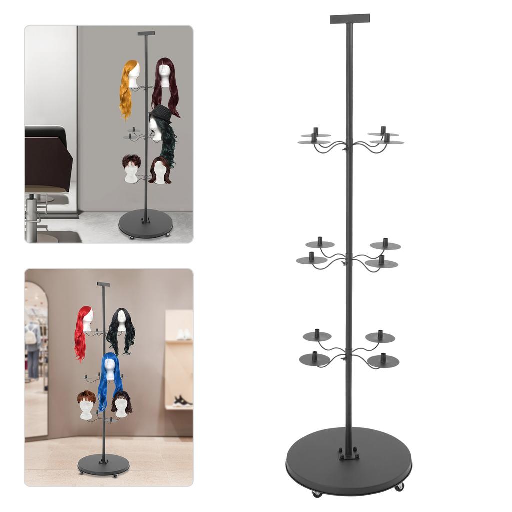 12-Head Iron Wig Holder,Pink/Black Cross Base/Round Base Freestanding Wig Display& Storage Rack 50*50*178cm for Hair Salons