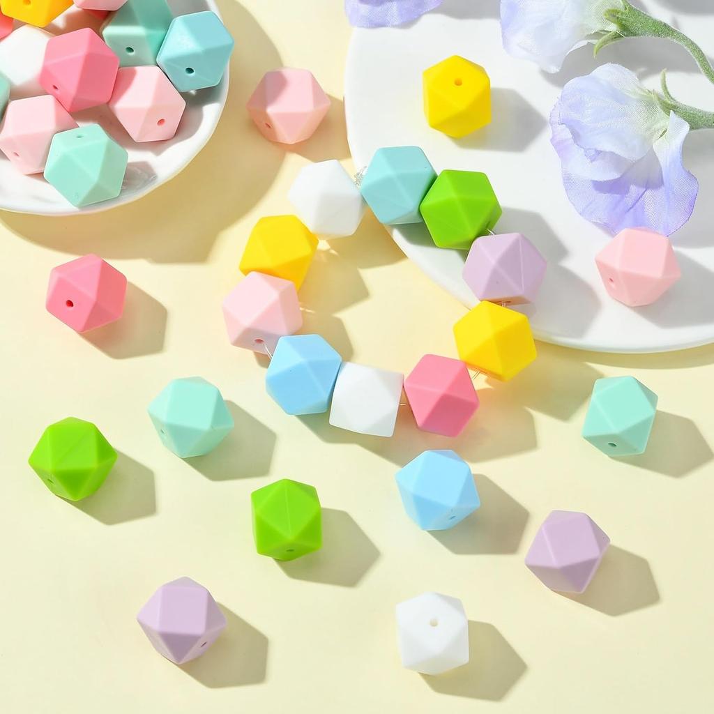 DanLingJewelry 50Pcs 17mm Hexagon Silicone Beads Large Colorful Polygonal Hexagonal Silicone Rubber Loose Beads for Pen Lanyard DIY Jewelry Making