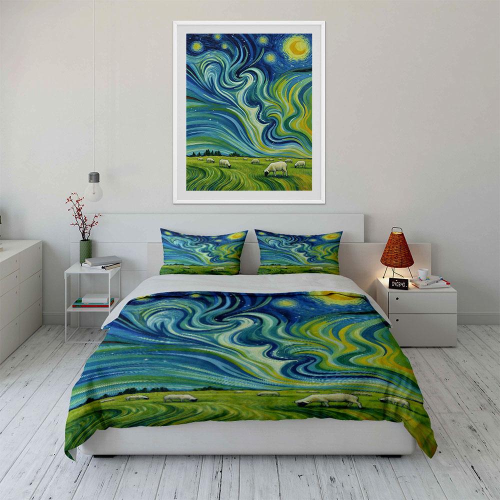 Swirling Sky, Grazing Sheep. Bedding Sets Duvet Cover Sets Duvet Covers Pillowcases(1 * Duvet Cover 2 * Pillowcases, Without Duvet Insert)